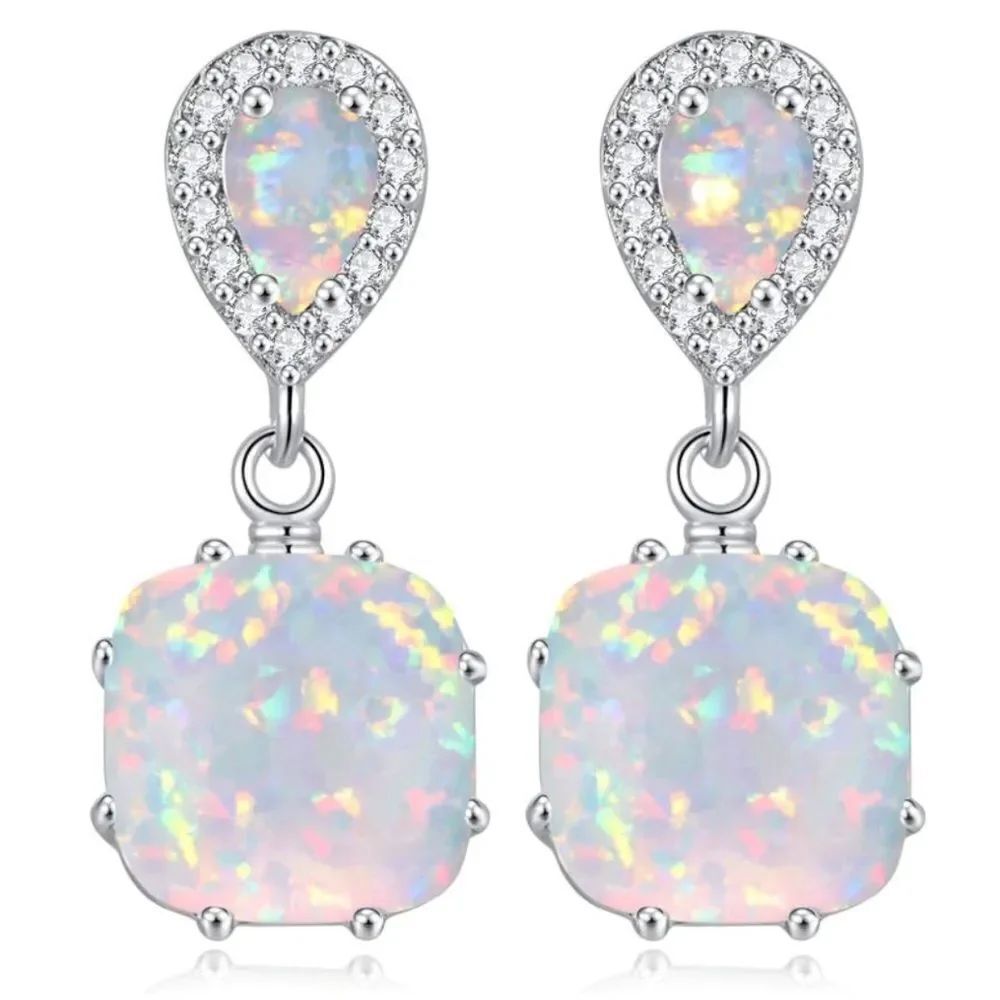 14K White Gold with Genuine White Fire Opal and Diamond CZ Post Back Earrings